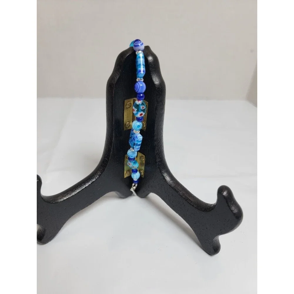 Blue Millefiori Style Beaded Bracelet Silver Tone Toggle Clasp Boho Jewelry
